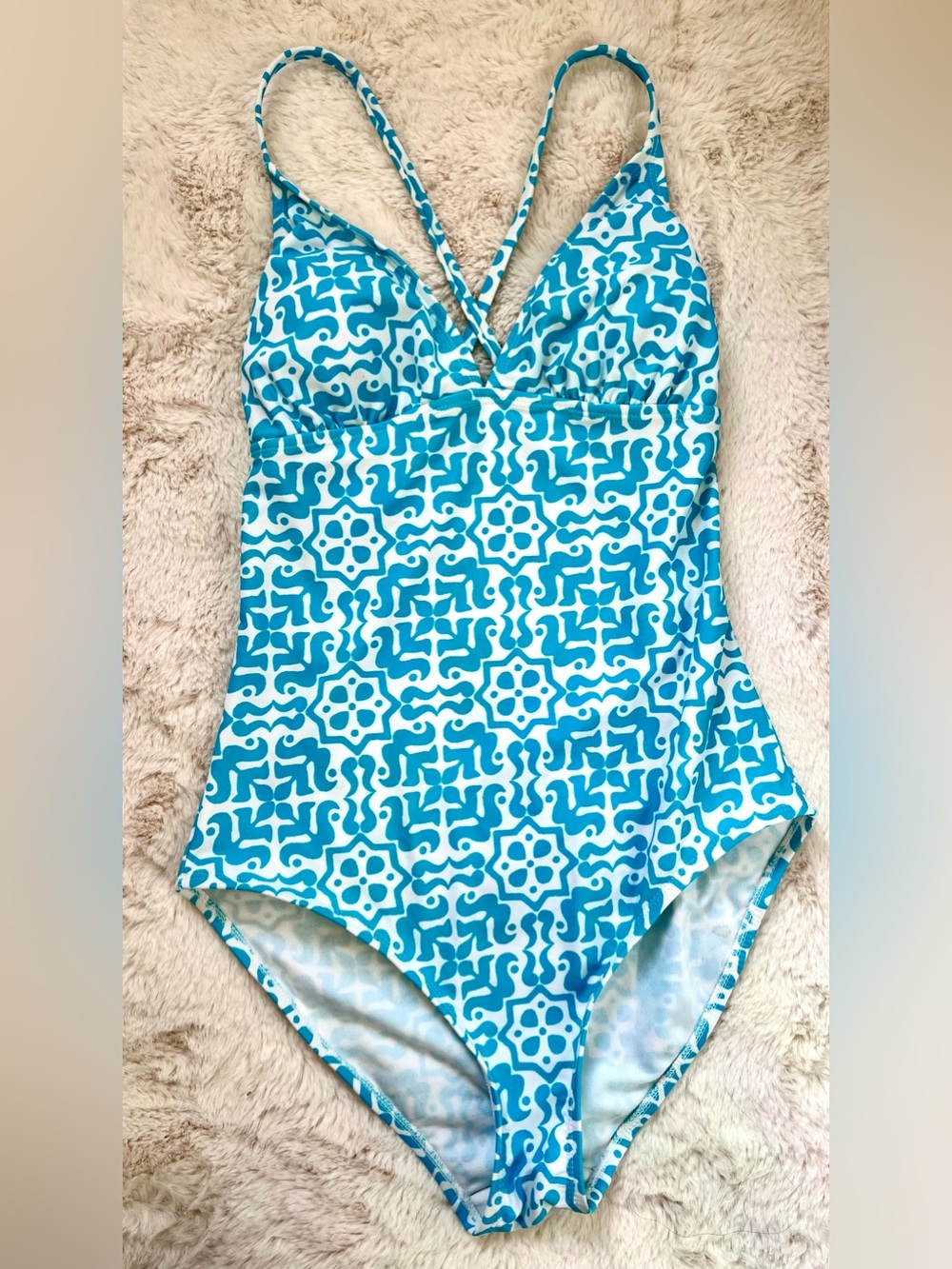 Old Navy Blue White Geometric One Piece Swimsuit Crisscross Back M